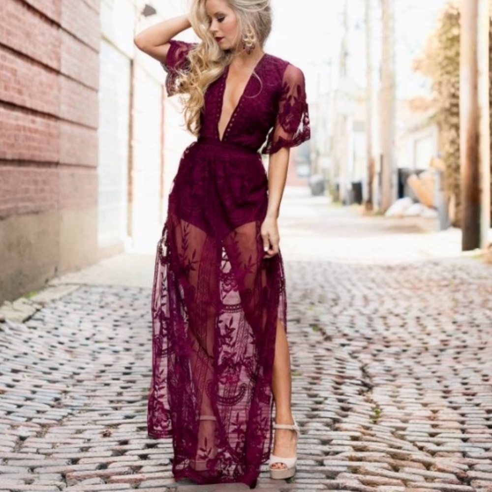 Honey Punch Burgondy/Wine Lace Maxi Romper, Maxi Dress size Small